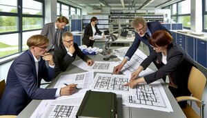 Europäische Fachleute analysieren technische Prozessmodelle und Regulierungstabellen zur modularen Bauweise in einem strukturierten Arbeitsumfeld