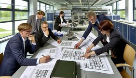 Europäische Fachleute analysieren technische Prozessmodelle und Regulierungstabellen zur modularen Bauweise in einem strukturierten Arbeitsumfeld