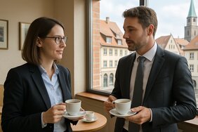 Zwei europäische Fachleute -- eine Steuerberaterin und ein Immobilienmakler -- im lockeren Fachgespräch bei einem Kaffee