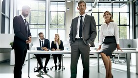 Professionelles Team aus Immobilienexperten bei der Zusammenarbeit in einem modernen Büro