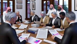 Europäische Sachverständige analysieren KI-gestützte Bewertungsergebnisse an einem Konferenztisch mit Diagrammen und Fachliteratur
