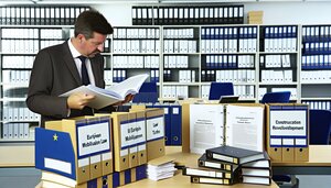Deutsche Fachleute analysieren Baurecht-Dokumente und Bebauungspläne an einem strukturierten Arbeitsplatz