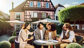 Europäisches Netzwerk-Team aus Sachverständigem, Architektin und Baurechtler im gemeinsamen Gespräch mit Immobilieneigentümer vor einem deutschen Bestandsgebäude