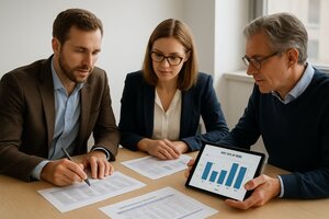 Europäisches Team aus Bauträger, Wohnungsgenossenschaft und Family Office arbeitet in einem deutschen Besprechungsraum an gemeinsamen Wohnungsdaten