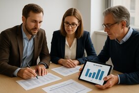 Europäisches Team aus Bauträger, Wohnungsgenossenschaft und Family Office arbeitet in einem deutschen Besprechungsraum an gemeinsamen Wohnungsdaten