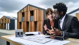 Europäische Fachleute aus Bewertung, Bau und Finanzierung im Gespräch vor einem modernen Modulbau-Projekt in Deutschland
