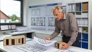 Europäischer Sachverständiger prüft Baupläne für modulares Wohngebäude in deutschem Büro