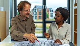 Europäische Fachleute besprechen Baupläne für modulares Wohnprojekt in deutschem Büro