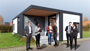 Modernes modulares Wohngebäude mit europäischen Bewohnern vor einem gepflegten deutschen Wohnviertel