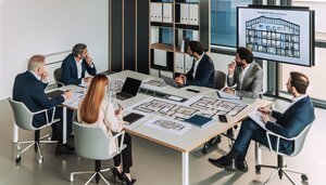 Europäische Investoren und Sachverständige besprechen modulare Gebäudekonzepte an einem Konferenztisch in einem modernen deutschen Büro