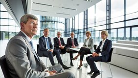Erfahrene europäische Immobilienfachleute bei einer vertrauensvollen Besprechung an einem Konferenztisch in einem modernen deutschen Büro