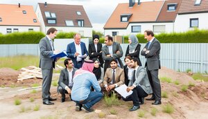Europäische Fachleute besichtigen gemeinsam ein Baugrundstück in einer deutschen Wohngegend und besprechen Baupläne