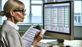 Europäische Qualitätsmanagerin prüft strukturierte Checklisten und Normverweise auf einem großen Bildschirm in einem deutschen Büro