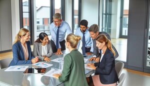 Gruppe europäischer Fachleute aus Bankwesen und Immobilienbewertung im Gespräch an einem modernen Konferenztisch in einem deutschen Bürogebäude