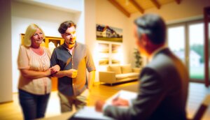 Europaeisches Paar im Beratungsgespraech mit einem Immobilienberater