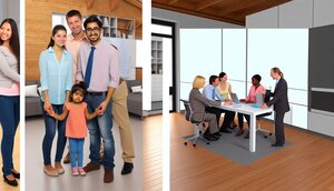 Europäische Familie besichtigt ein modernes modulares Wohnhaus, begleitet von einem Berater der die Räume erklärt