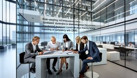 Europäische Fachleute der Kreditwirtschaft analysieren Risikogewicht-Tabellen und CRR3-Dokumentation in einem deutschen Bankgebäude