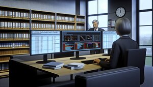 Europäische Fachleute analysieren an einem deutschen Büroarbeitsplatz systematisch Daten und Qualitätsstandards auf mehreren Bildschirmen