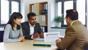 Europäisches Ehepaar mittleren Alters im Gespräch mit einem Finanzberater in einem deutschen Büro, auf dem Tisch Immobilienunterlagen und Taschenrechner