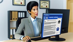 Europäischer Sachverständiger Anfang 50 prüft KI-generierte Immobilienbewertung kritisch am Bildschirm in deutschem Büro