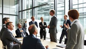 Gruppe europäischer Geschäftsleute im modernen Büro bei einer konstruktiven Besprechung auf Augenhöhe