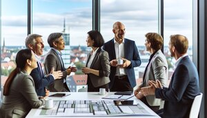 Gruppe europäischer Fachleute aus Bauplanung und Sachverständigenwesen im angeregten Gespräch bei einem Netzwerktreffen in einem modernen deutschen Büro