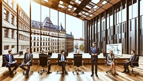 Europäische Fachleute bei einer strukturierten Qualitätsbesprechung in einem modernen deutschen Büro mit Dokumenten und Analysecharts