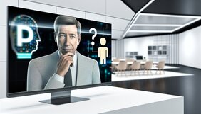 Unternehmer im Gespräch mit KI-Assistenten auf einem modernen Bildschirm, helles Büro in Deutschland