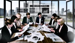 Strukturierte Darstellung von Immobilienbewertung und Bankregulierung mit Dokumenten, Diagrammen und einem professionellen Beratungsgespräch