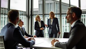 Europäische Fachleute in einem modernen Besprechungsraum diskutieren auf Augenhöhe über Strategie und Zusammenarbeit