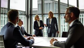 Europäische Fachleute in einem modernen Besprechungsraum diskutieren auf Augenhöhe über Strategie und Zusammenarbeit
