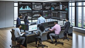 Europäische Fachleute analysieren digitale Gebäudemodelle und regulatorische Datenströme in einem modernen deutschen Büro