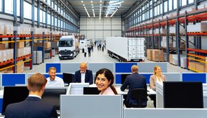 Europäische Modulbau-Produktionshalle mit standardisierten ISO-Wohnmodulen auf Transportgestellen