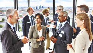 Gruppe europäischer Fachleute im Gespräch bei einem Netzwerktreffen in einem modernen deutschen Büro