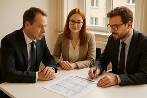 Europäischer Sachverständiger im Beratungsgespräch mit einer Bankberaterin und einem Steuerberater eines Portfolio-Halters an einer strukturierten Bewertung