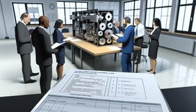 Europäische Fachleute analysieren technische Dokumentation eines ISO-Modulsystems mit digitalen Zwillingsdaten auf großem Bildschirm
