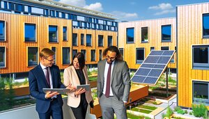 Europäische Investoren besichtigen nachhaltige Wohnmodule in einem grünen Wohnpark, Holzfassaden und Photovoltaik auf den Dächern, deutsches Setting