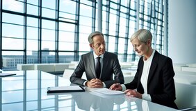 Zwei Fachleute besprechen vertrauensvoll Unterlagen an einem Besprechungstisch in einem deutschen Büro