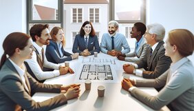 Europäische Fachleute aus Recht, Architektur und Bewertung im Austausch an einem Besprechungstisch
