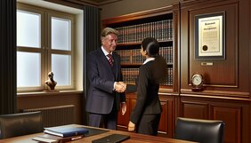 Europäischer Sachverständiger begrüßt einen neuen Netzwerkpartner per Handschlag in einem traditionellen deutschen Büro
