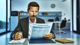 Europäischer Mann studiert eine detaillierte Bewertungs-Checkliste am Schreibtisch in einem deutschen Homeoffice
