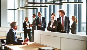 Gruppe europäischer Fachleute im offenen Gespräch in einem modernen Büro mit warmem Licht