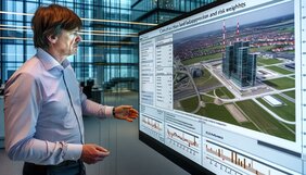 Europäischer Bankvorstand analysiert Bauprojektdaten und Genehmigungsfristen an einem modernen Arbeitsplatz in einem deutschen Bürogebäude