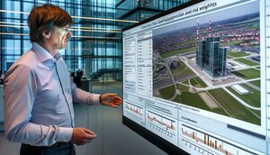 Europäischer Bankvorstand analysiert Bauprojektdaten und Genehmigungsfristen an einem modernen Arbeitsplatz in einem deutschen Bürogebäude