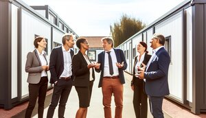Europäische Fachleute verschiedener Disziplinen in lebhafter Diskussion vor einem modularen Gebäude, moderne Architektur auf einem deutschen Gewerbegelände