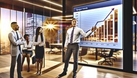 Europäischer Immobilienexperte präsentiert Wachstumsdaten vor Kollegen in einem modernen deutschen Co-Working-Space