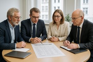Vier europäische Fachleute -- Sachverständiger, Bankberater, Steuerberater und Notar -- im gemeinsamen Beratungsgespräch am runden Tisch