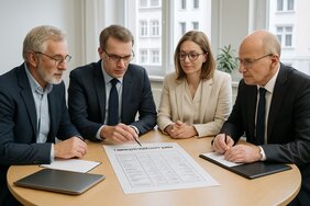 Vier europäische Fachleute -- Sachverständiger, Bankberater, Steuerberater und Notar -- im gemeinsamen Beratungsgespräch am runden Tisch