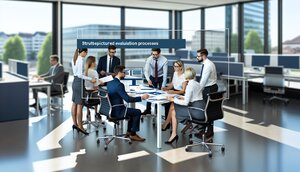Zwei Fachleute in einem deutschen Bankbüro besprechen gemeinsam Unterlagen zur Immobilienbewertung