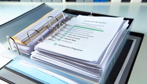 Strukturierte Dokumentenmappe mit Gesetzestexten und Checklisten